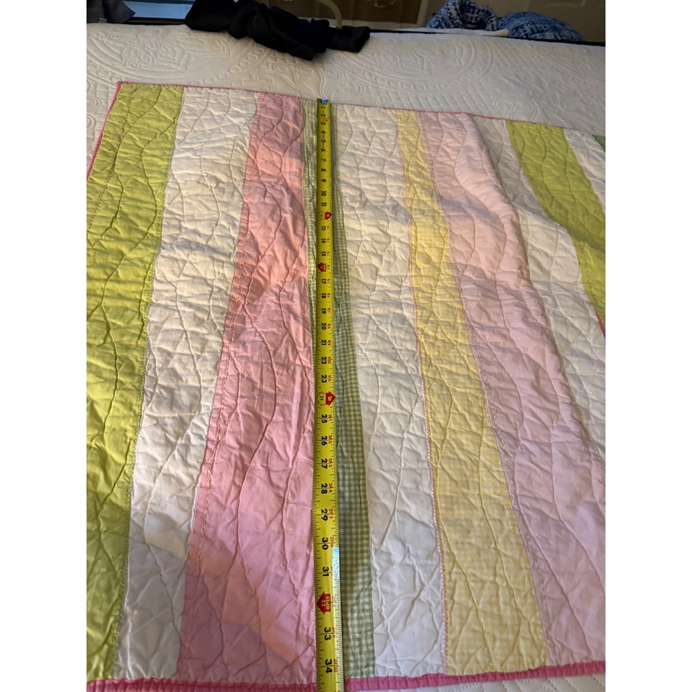 Pottery Barn Kids Quilt Blanket Pink Green Yellow Gingham Striped 34x48 Throw - Picture 5 of 6